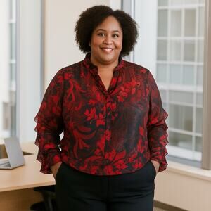 Chico’s Top NWT Women's Sz 2.5 (14) Sheer Tonal Floral Wild Poppy Ruffle Sleeve